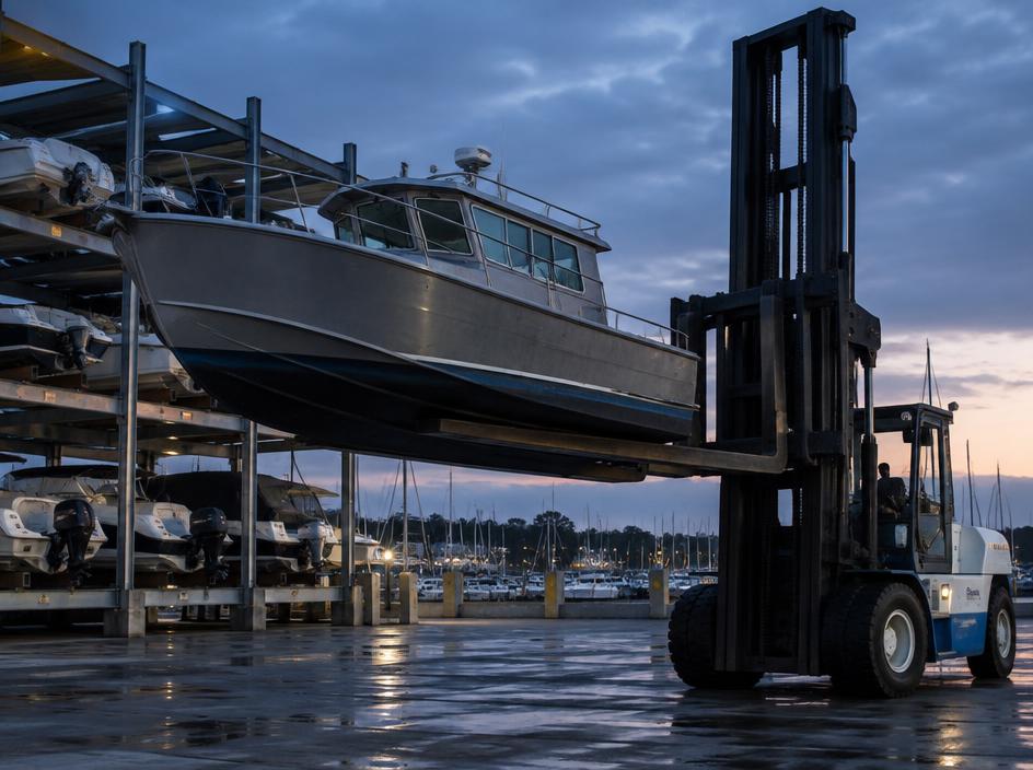 Boat lifted from a dry-stack rack by a marina forklift at dusk